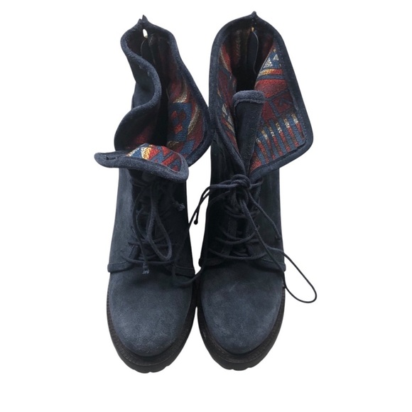 Elizabeth and James Blue Suede Lace Up Boots with Stiletto Heel and Navajo Print - Picture 2 of 10